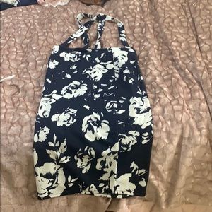 Navy blue & white print pencil skirt w/suspenders